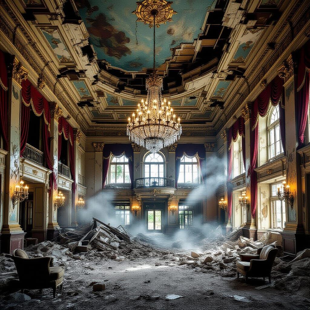 Overgrown Ruined Grand Hotel Lobby in Decay