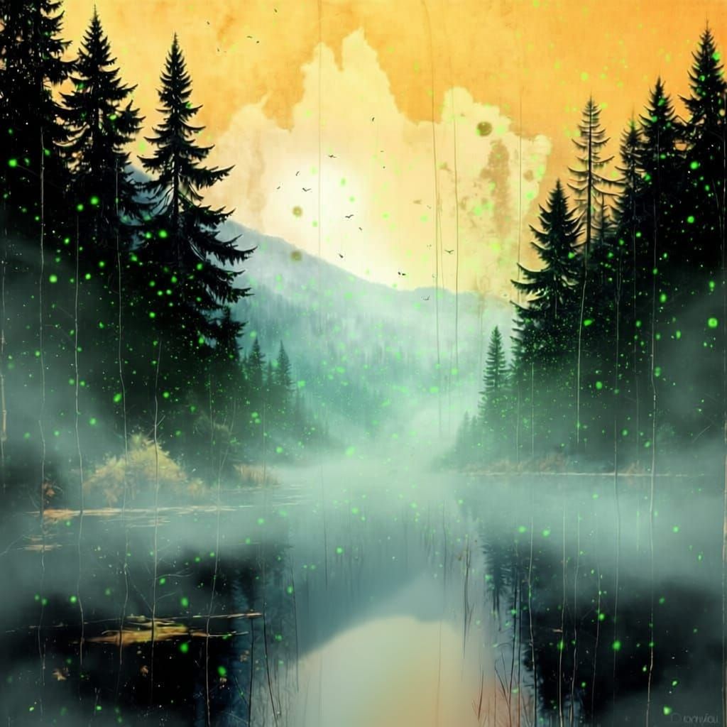 Golden Fall Lake with Mystical Smoke and Fireflies