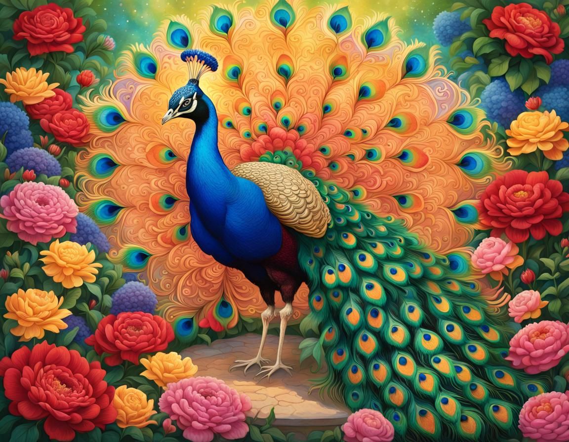 Regal Peacock in Lush Garden with Intricate Patterns