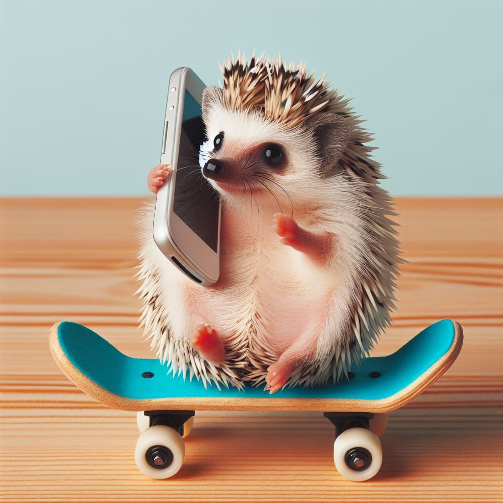 Quirky Hedgehog on Skateboard Making Call