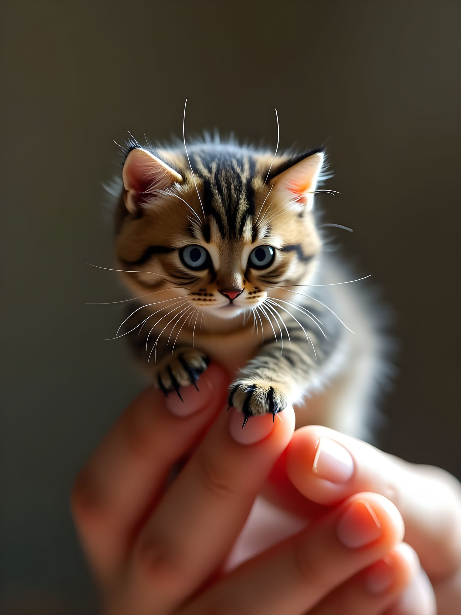Hyperrealistic Miniature Cat on Human Hand
