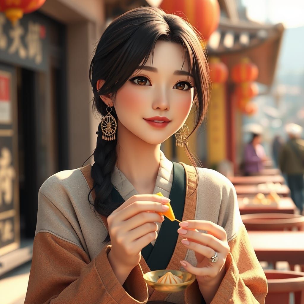 Young Woman Enjoying Baozi: 3D Anime Art