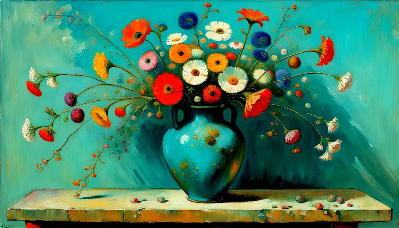 Flowers in Turquoise Vase: Dreamlike Surrealist Painting