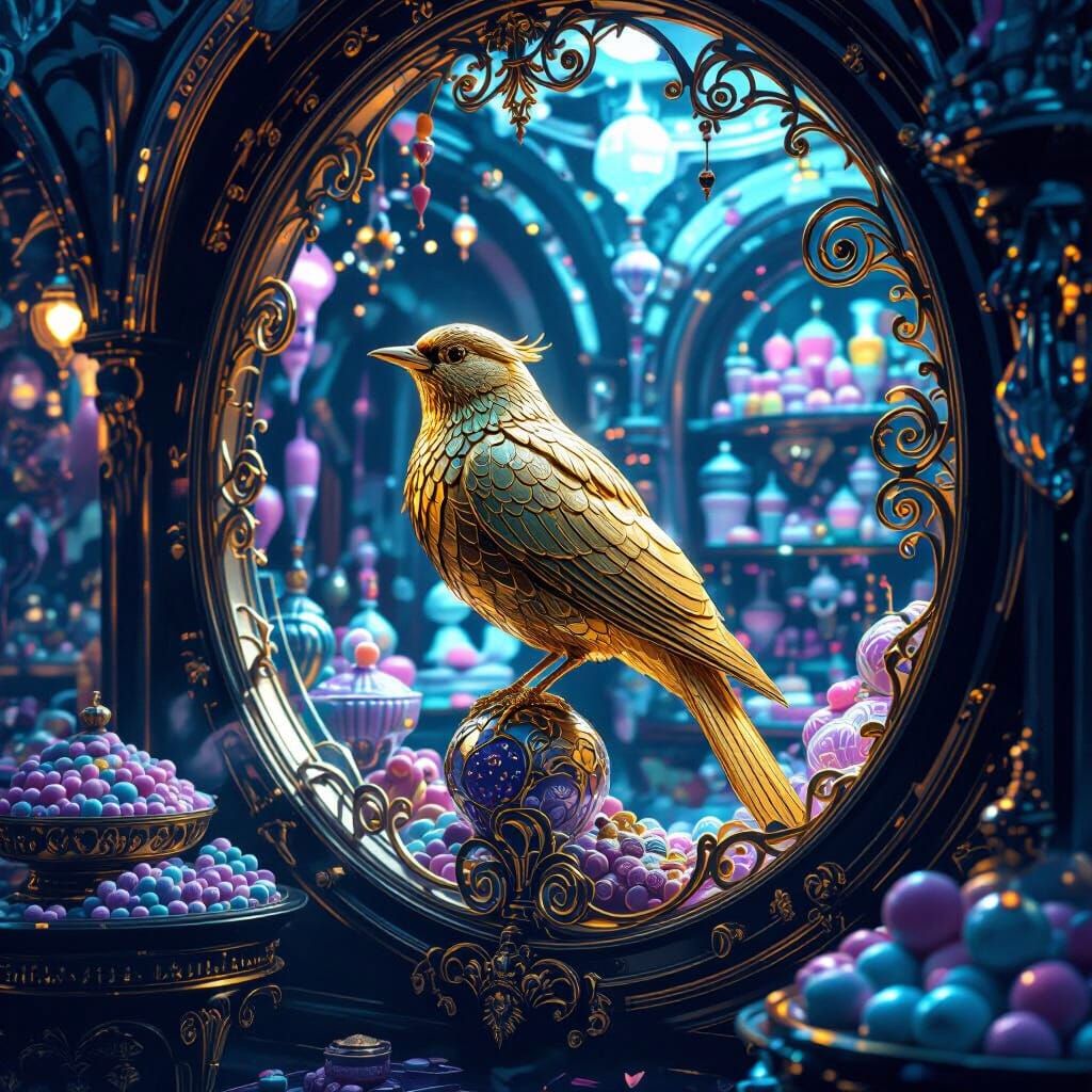 Golden Bird in Futuristic Candy Shop Art Nouveau Style