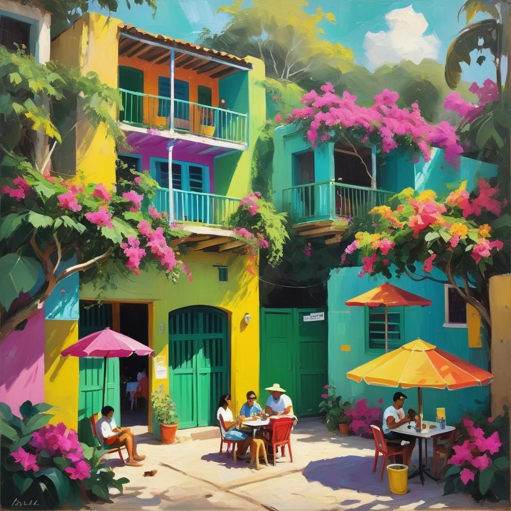 Vibrant Mexican Beach Hostel in Neo-Impressionist Style