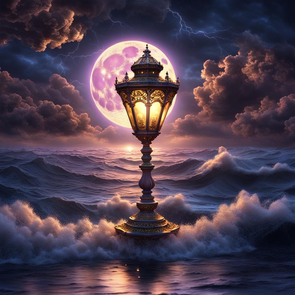 Moonlit Storm Lamp: Watercolor and Ink Fantasy