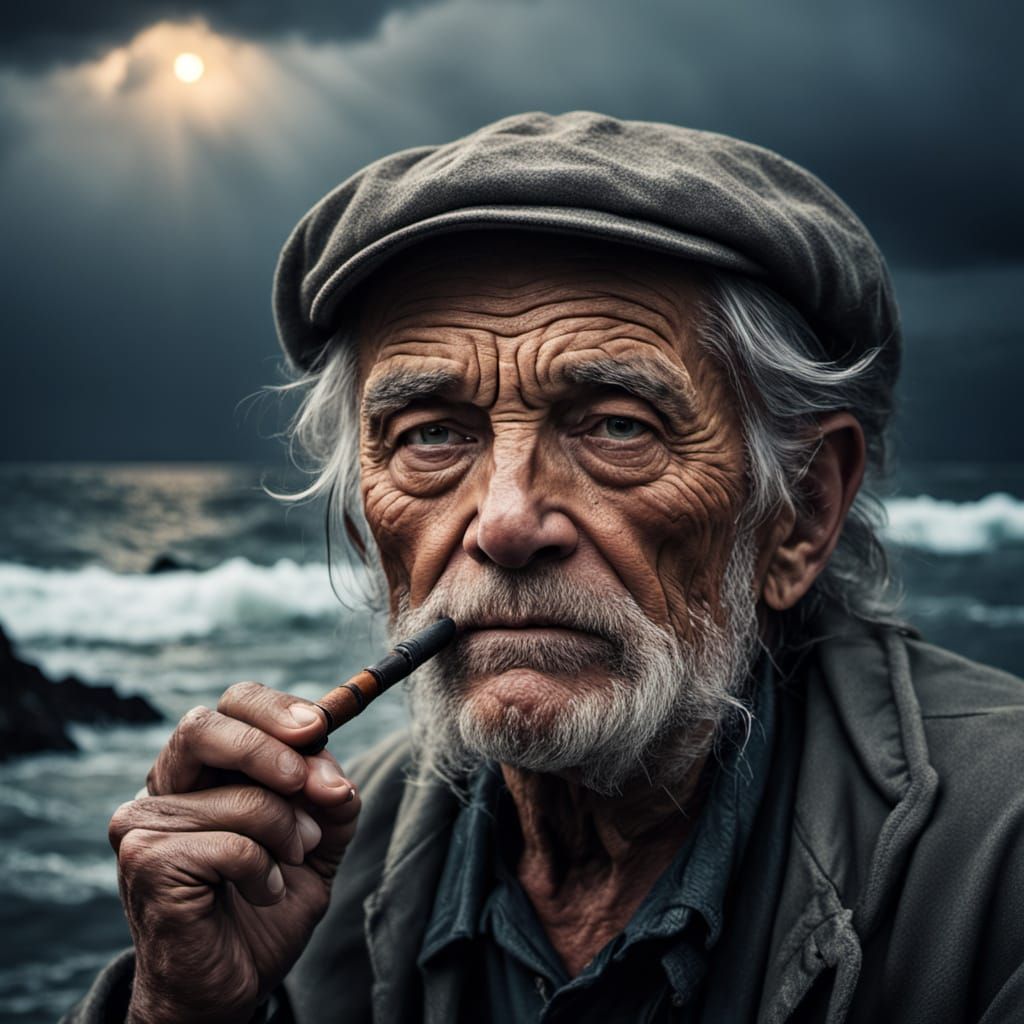 Elderly Fisherman Portrait in Dramatic Dawn Light