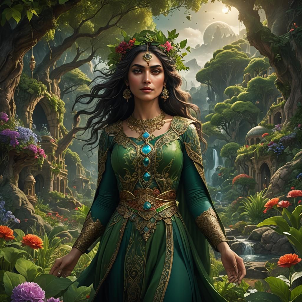 Persian Woman as Mother Earth in Lush Garden