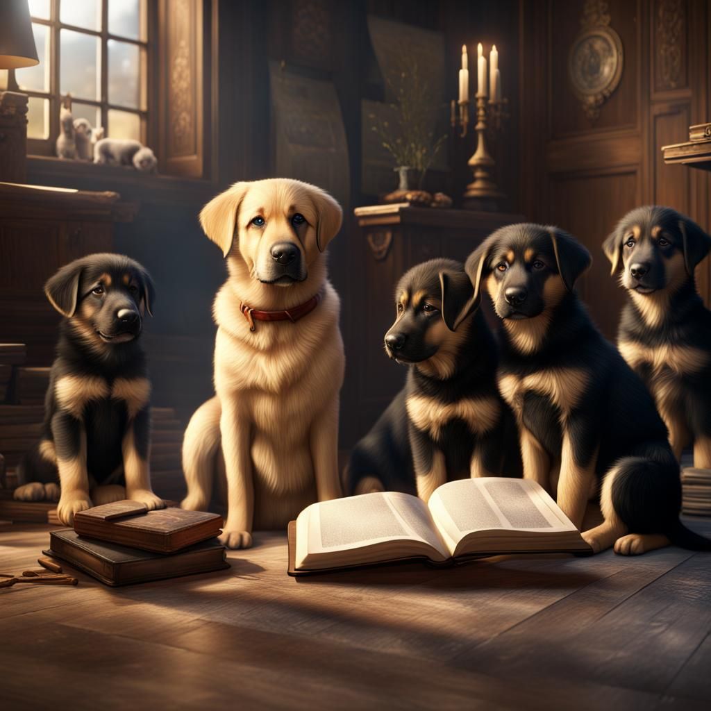 Labrador Retriever Reads to Puppies: Detailed Matte Painting