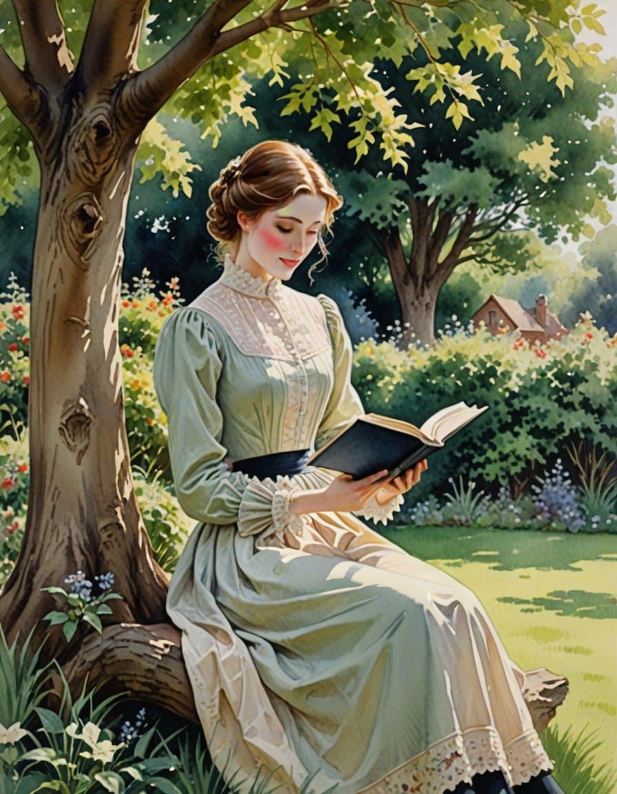 Victorian Woman Reading Book, Watercolor Style