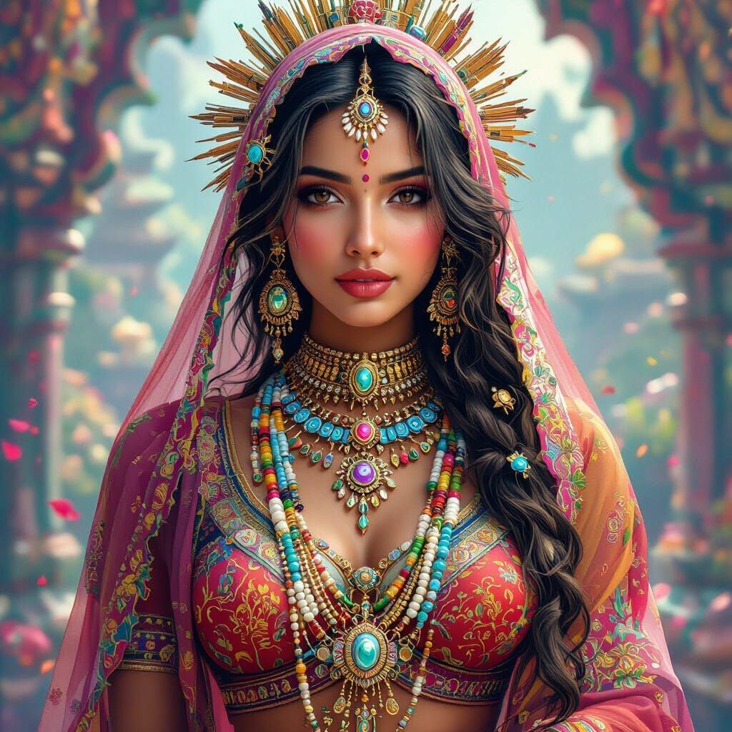 Vibrant Woman in Indian Clothing with Futuristic Jewelry