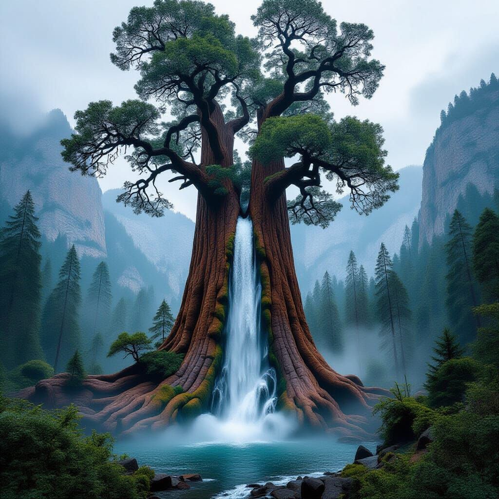 Majestic Sequoia Waterfall Landscape in Hyperrealistic Style