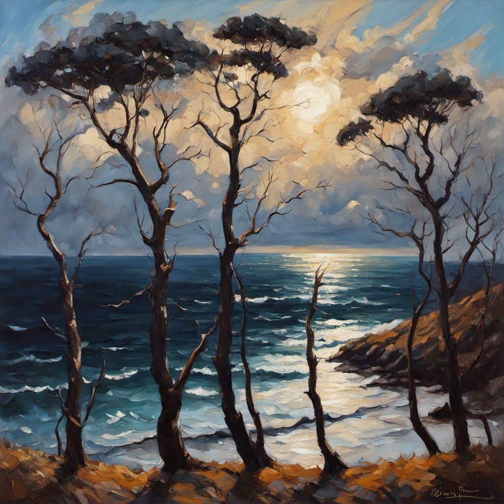 Dramatic Tree Silhouettes Over Stormy Sea as Oil Painting