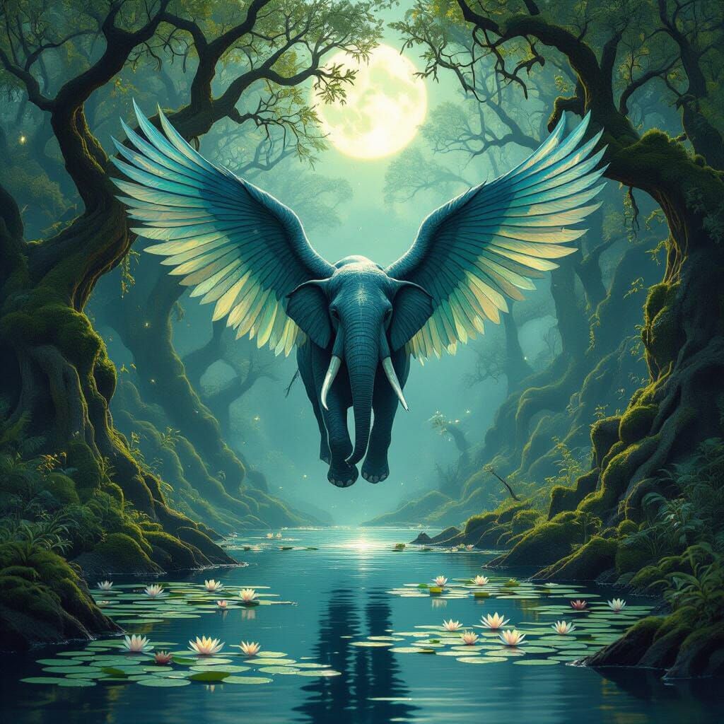 Winged Elephant Descends into Moonlit Glade