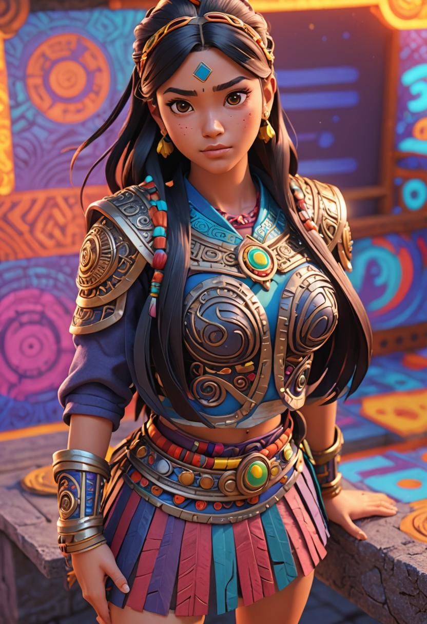 Aztec Maya Manga Girl in 3D Digital Art