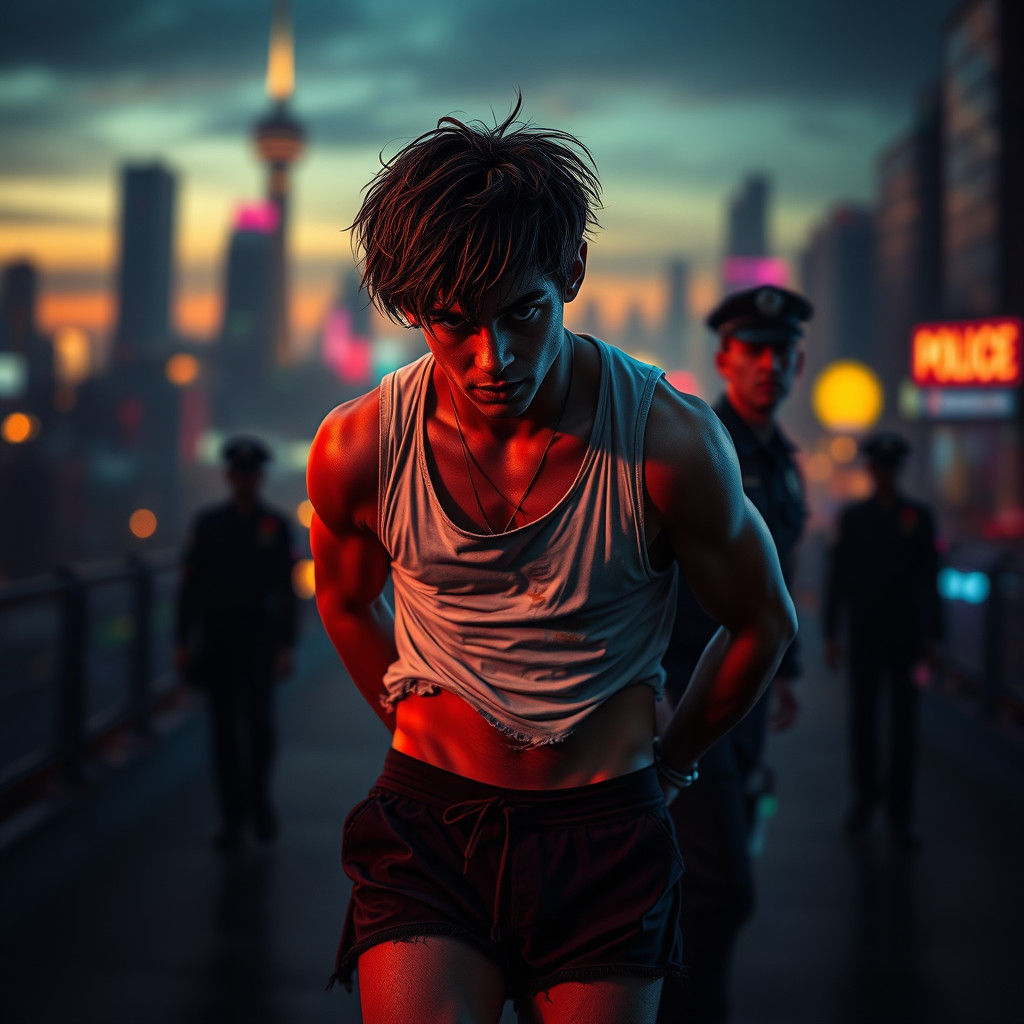 Young Man Detained in a Neon-Lit Dystopian Cityscape