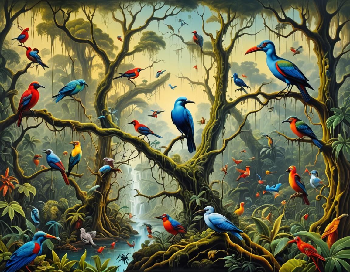 Surreal Rainforest Landscape with Fantasy Animals