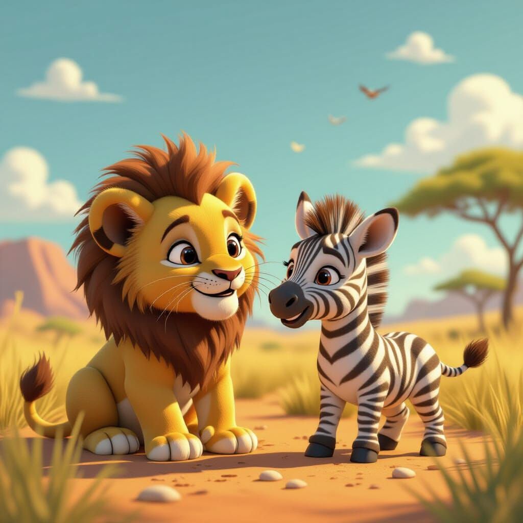 Lion Cub and Zebra Playdate: 3D Digital Art