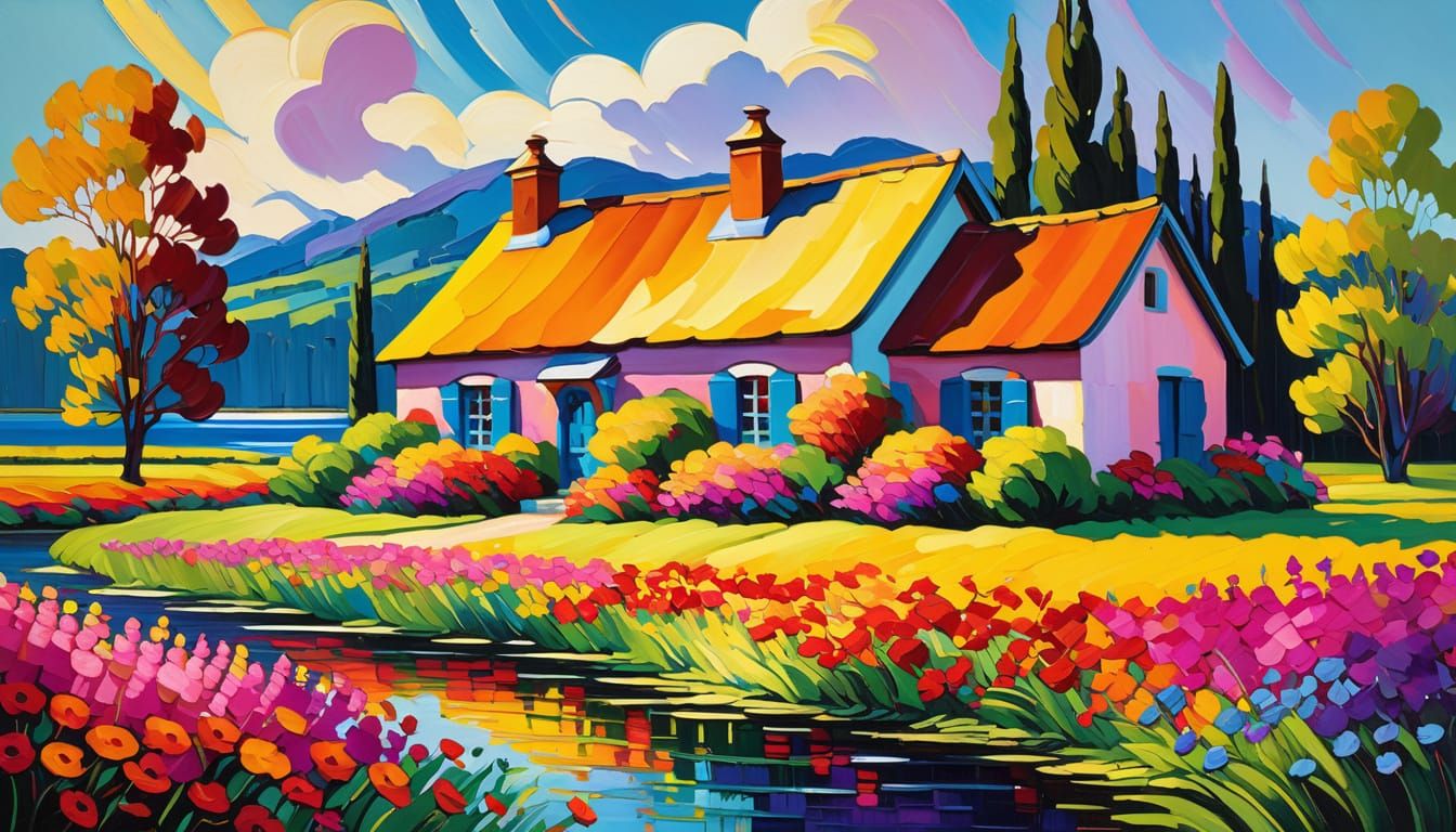 Quaint Cottage Amidst Wildflowers in Fauvism Style