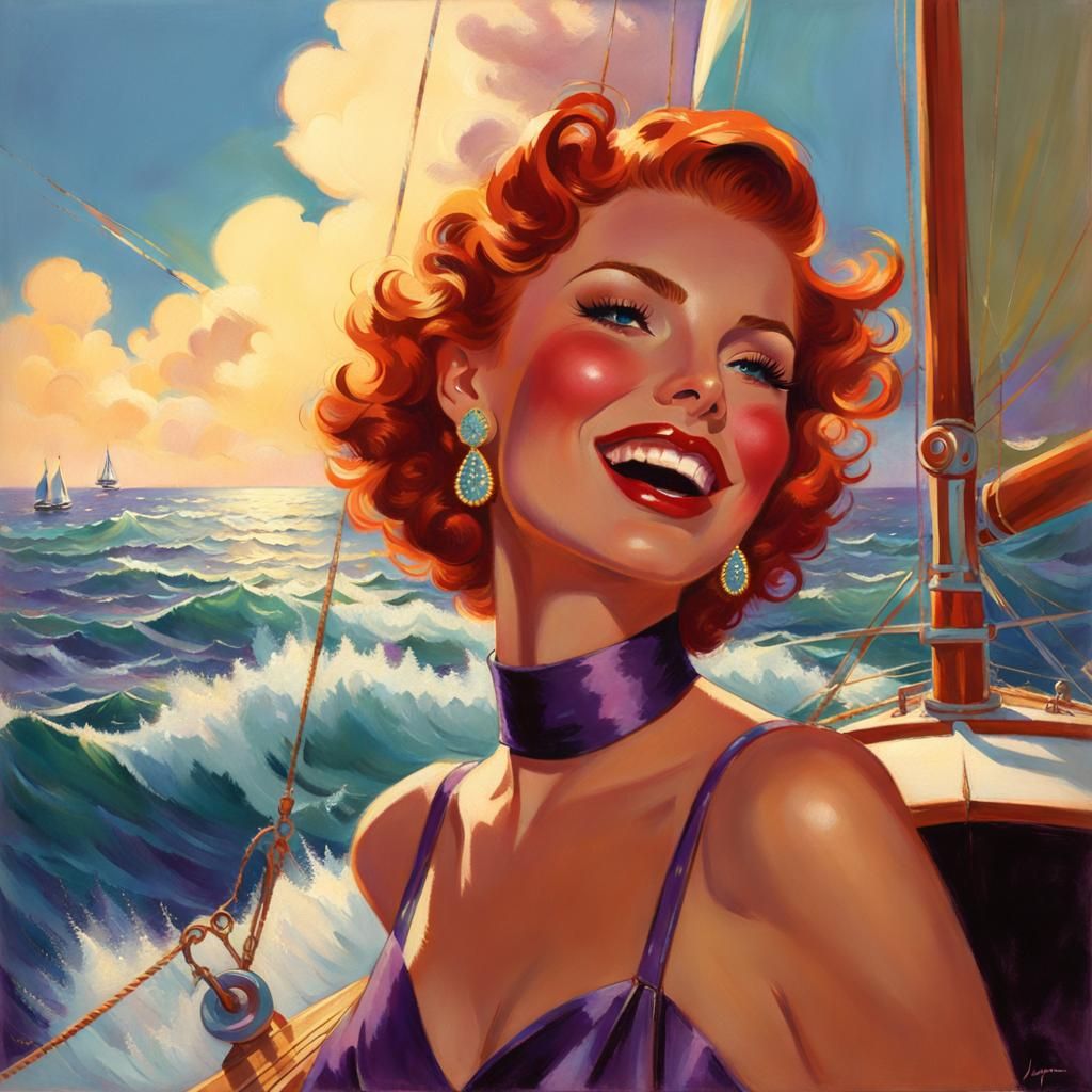 Radiant Woman on Sailboat Illustration