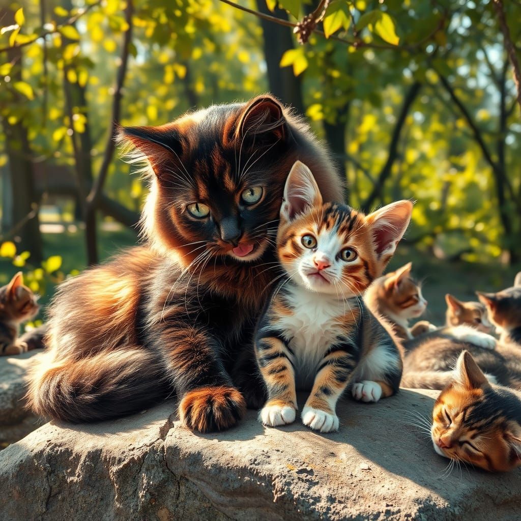 Cats Grooming in Forest Sunlight, Wildlife Photography Style