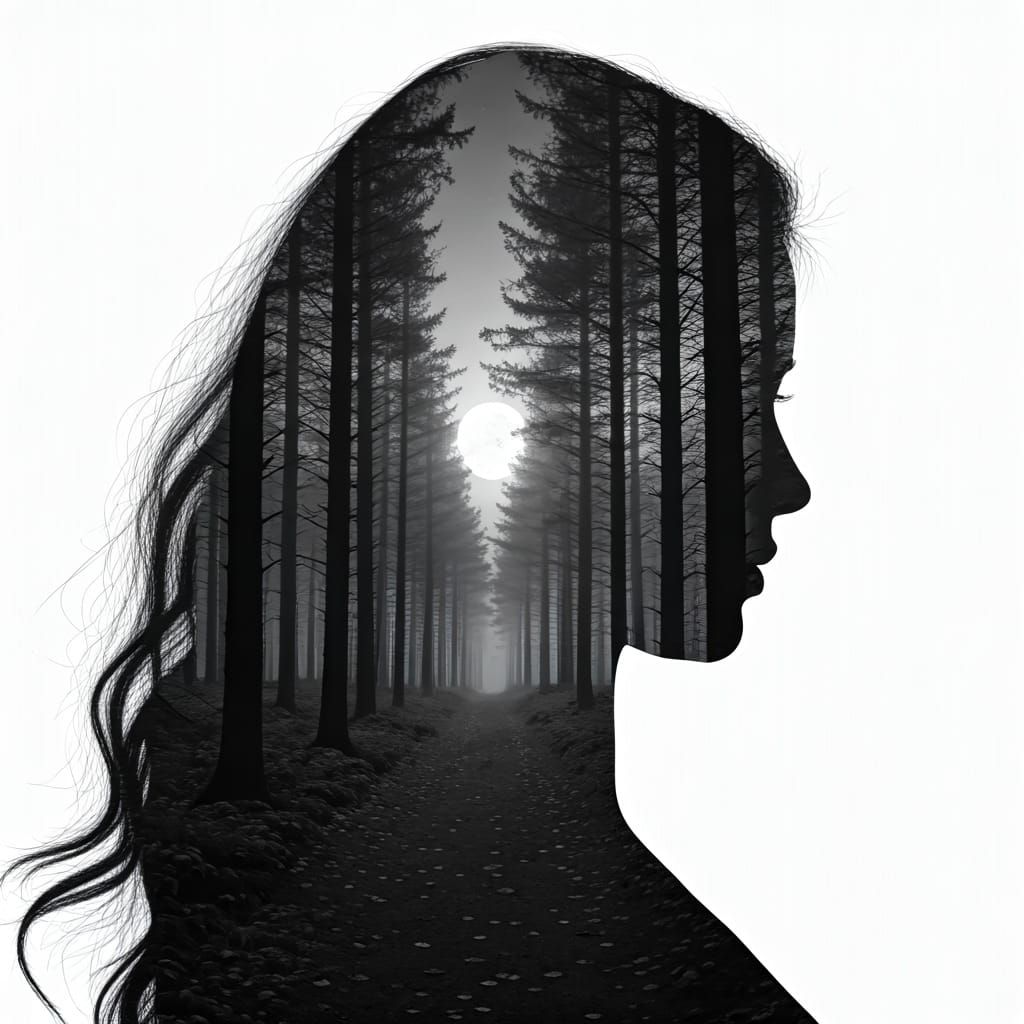 Double Exposure: Woman and Forest at Night