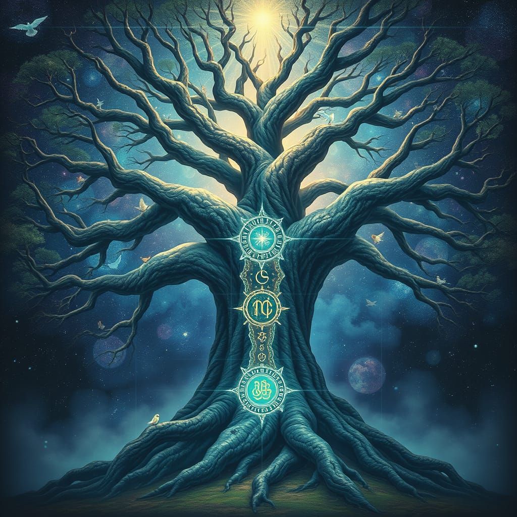 Cosmic Tree Connecting Realms, Inspired by Visionary Art