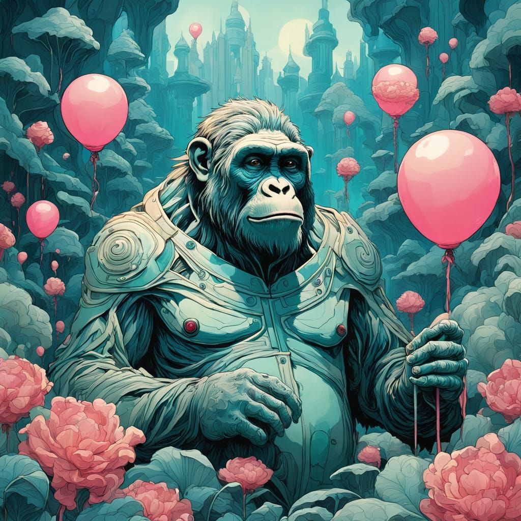 Whimsical Ape Mummy in Vibrant Balloon Wonderland