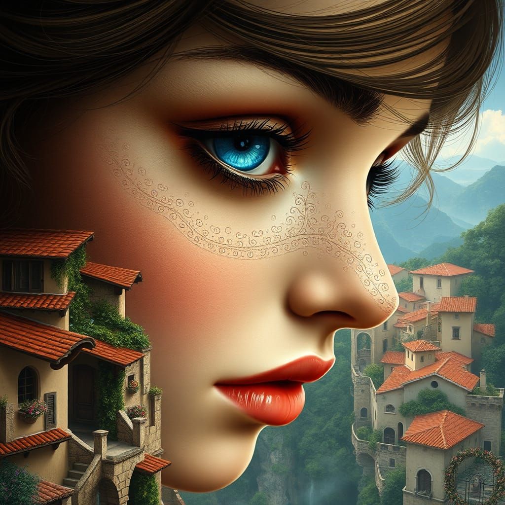 Surreal Female Portrait with Blue Eye in Italian Village