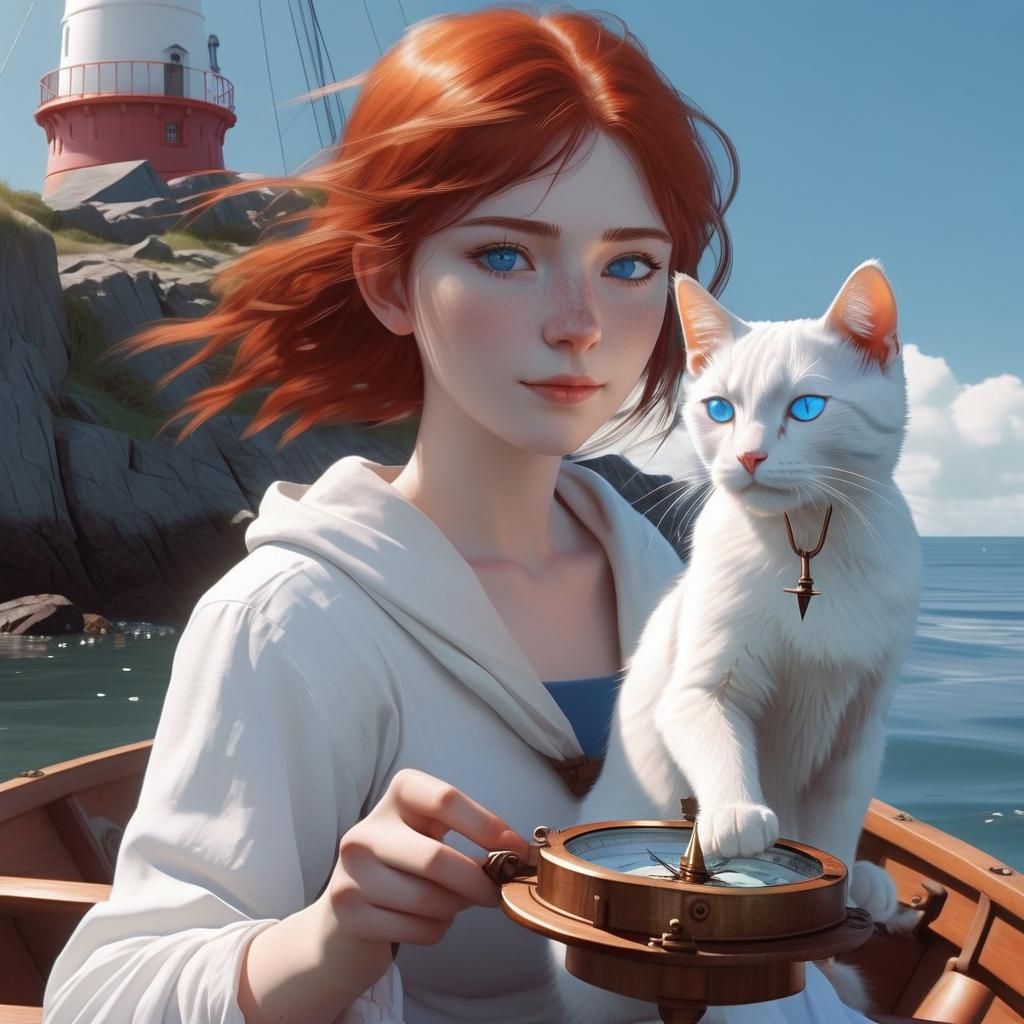 White Cat and Woman Sailing: 3D Anime Art