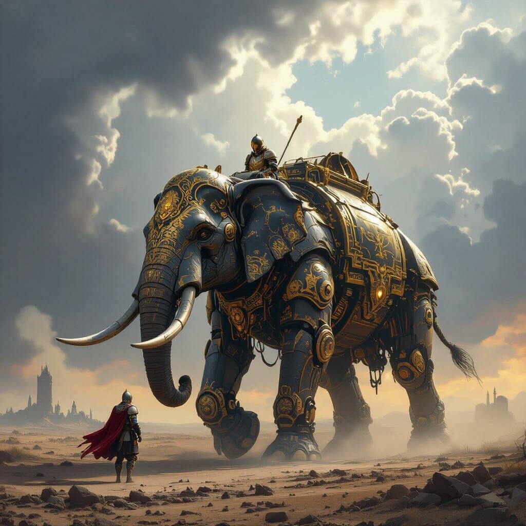 Mechanical War Elephant Carries Knight Across Battlefield
