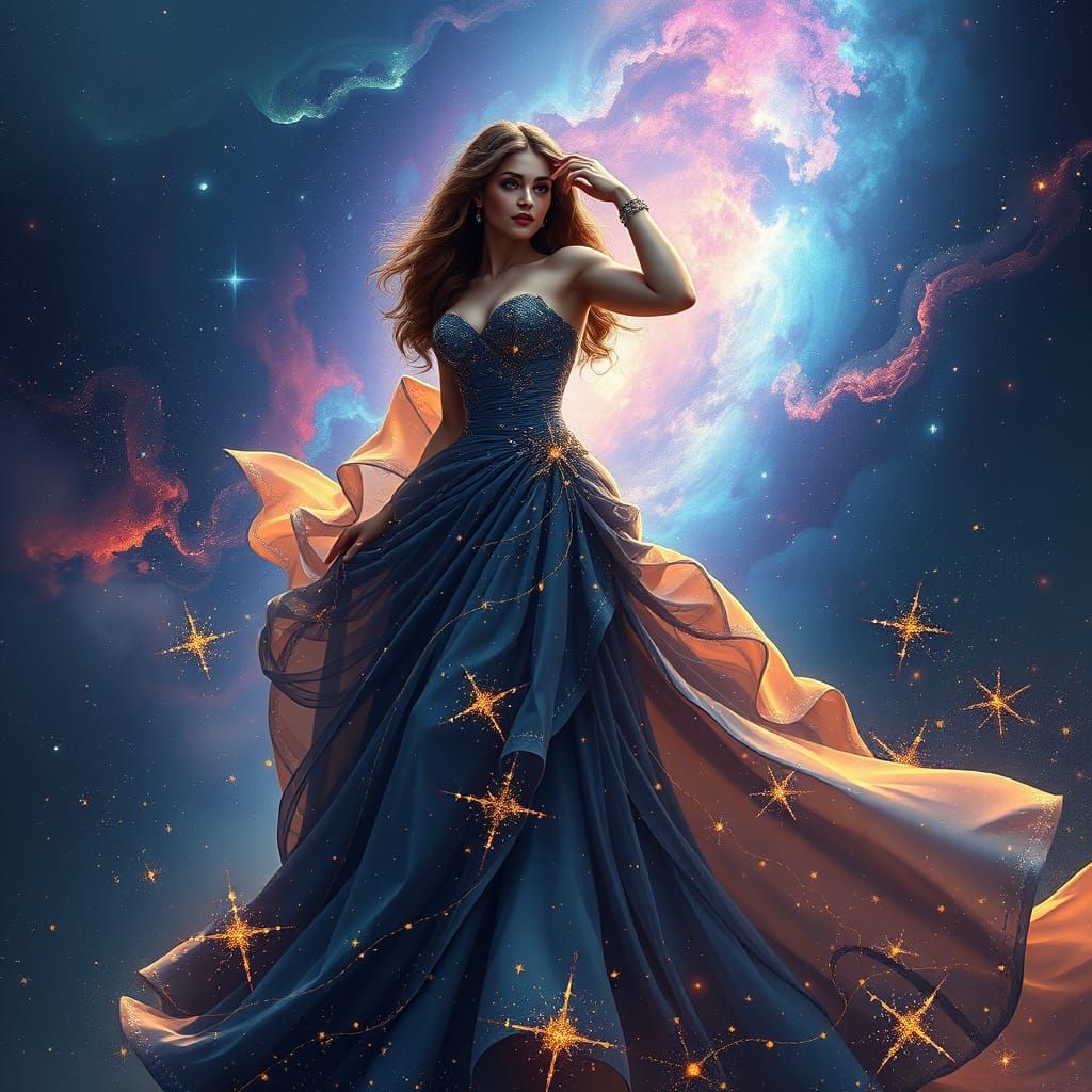 Curvaceous Woman in Galaxy Gown, Digital Art