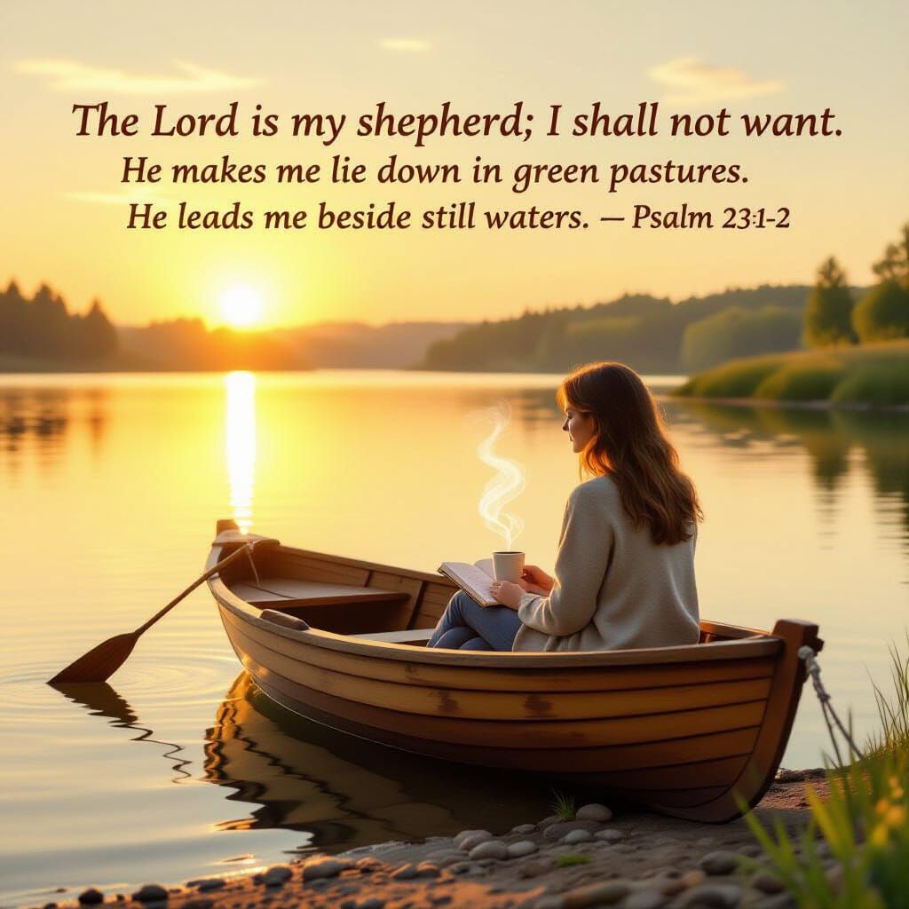 Woman in Boat at Sunrise, Psalm 23 Art