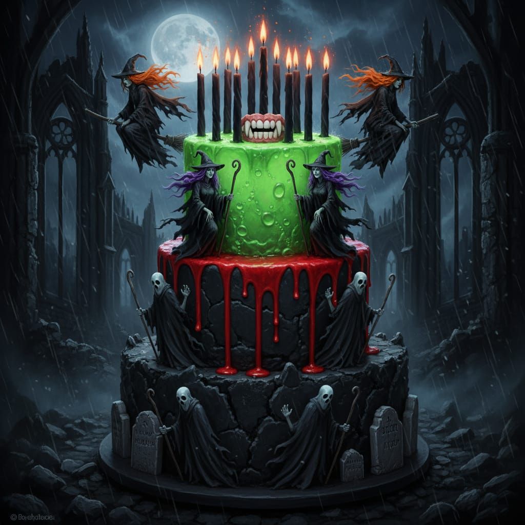 Spooky Birthday Cake with Witches and Ghosts