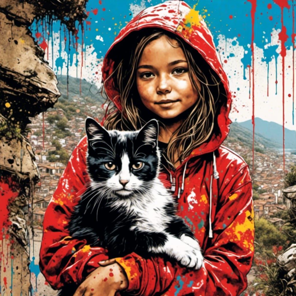 Girl & Big Cat (lora-Splatter Graffiti)