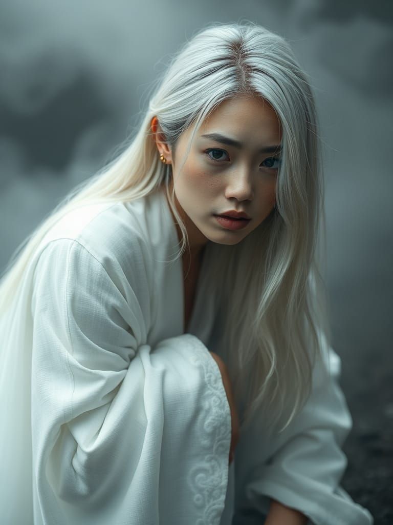 Ethereal Asian Woman in Fog with Pale Moon