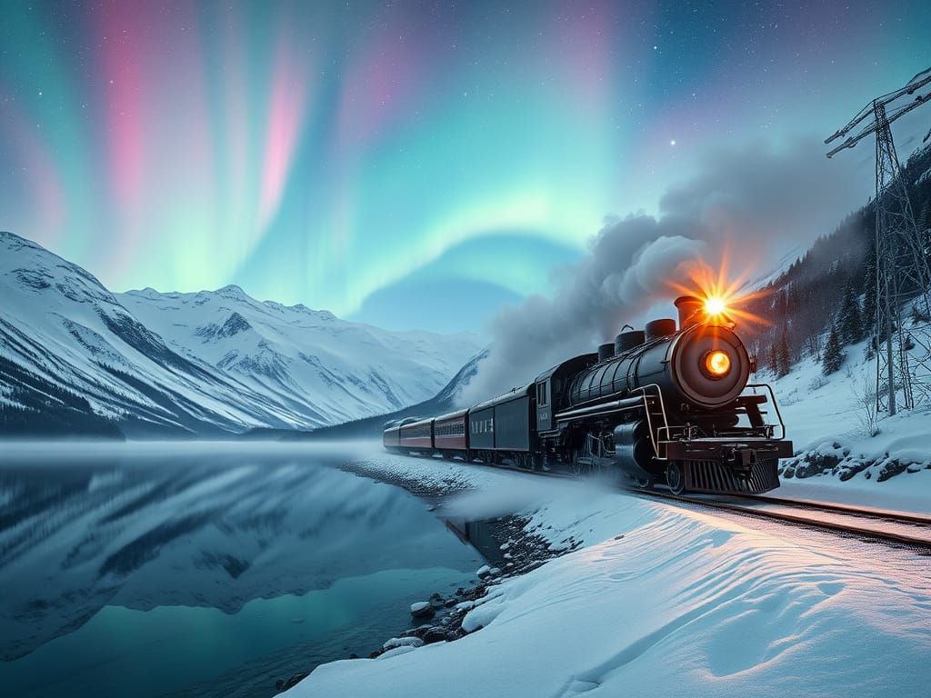 Steam Train Under Aurora Borealis, Digital Art