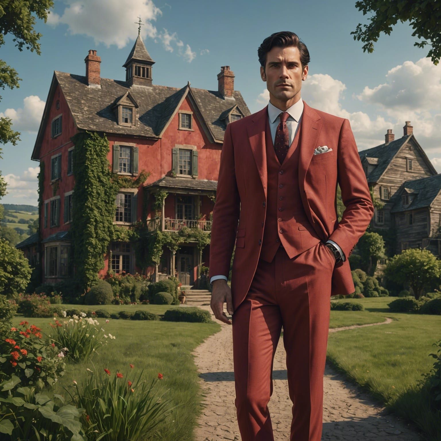 Man in Red Suit at Farmhouse Estate