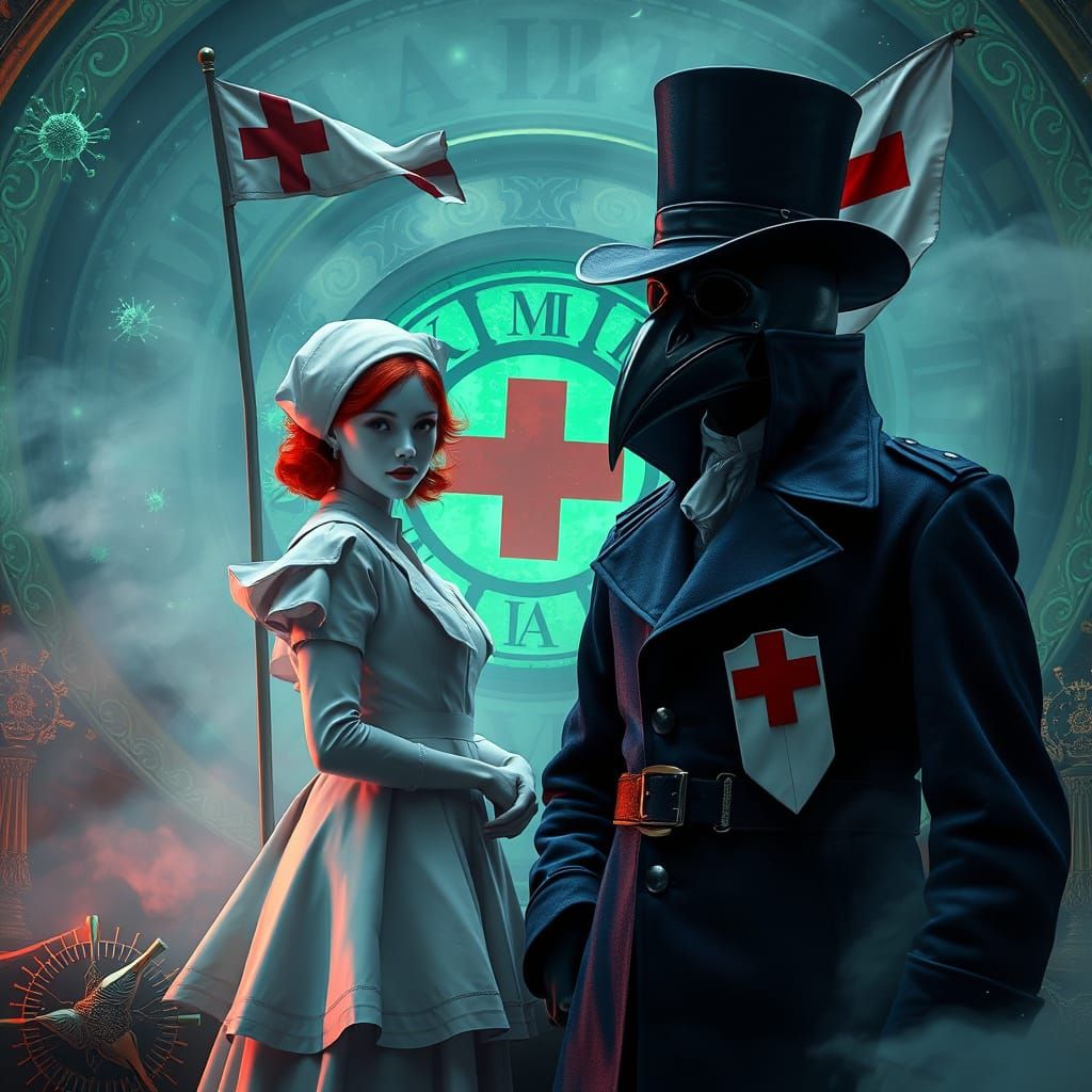 Plague Doctor and Nurse in Steampunk Dreamscape