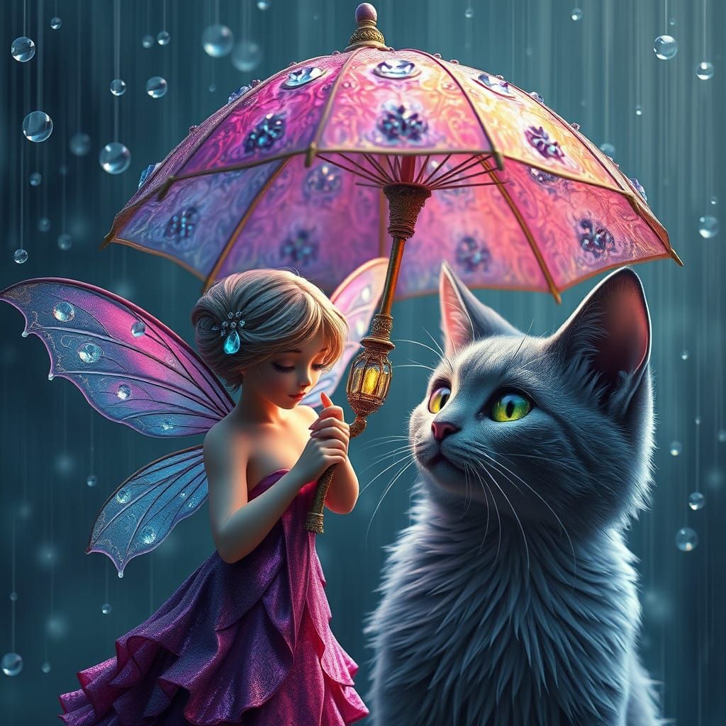 Whimsical Fairy and Cat in Rainy Wonderland