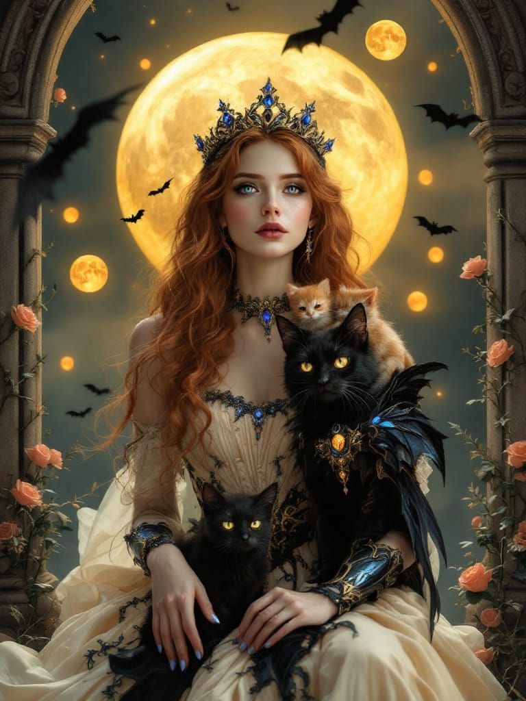 Moonlit Woman with Cats in Gothic Setting