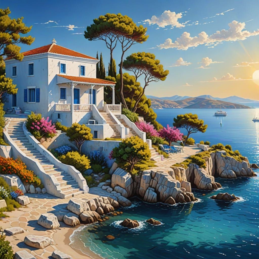 Picturesque Greek Seaside Home in Summer Landscape