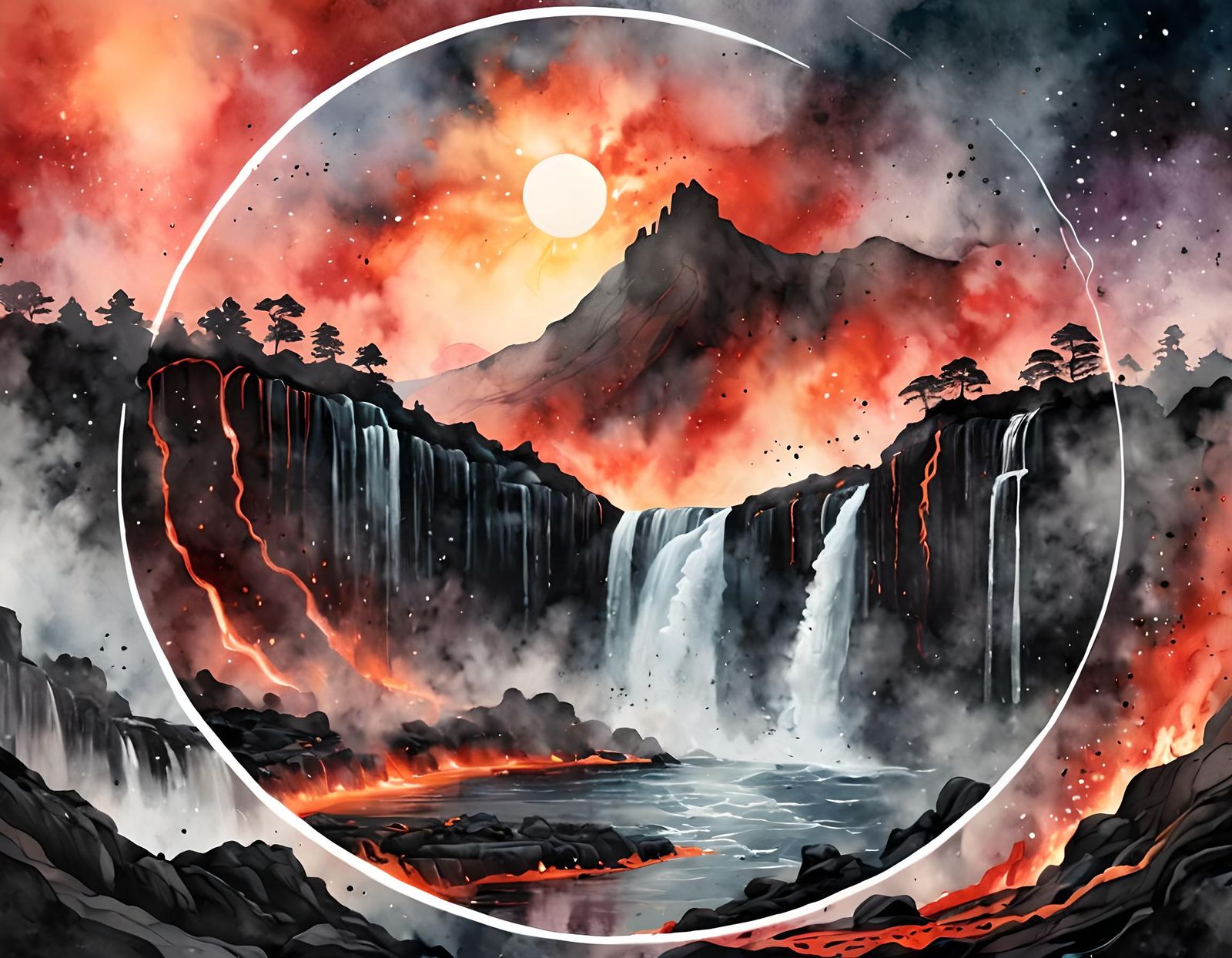 Nebula Sky Waterfall with Lava in Watercolor