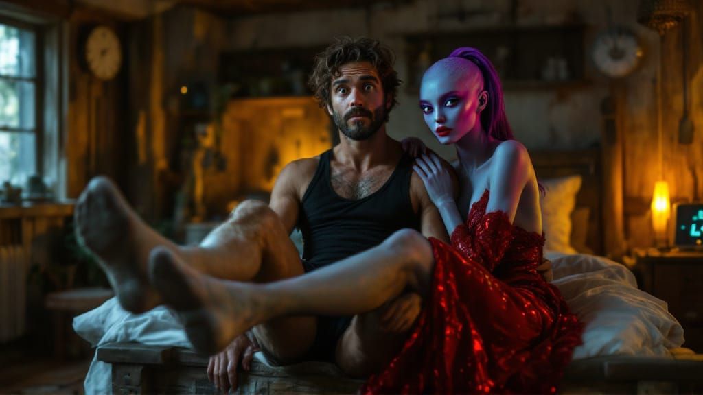 Surprised Man Meets Alien Woman: Cinematic Bedroom Scene