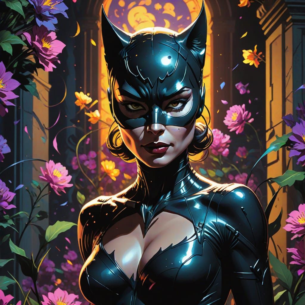 Catwoman Amidst Glowing, Pulsing Flowers in Comic Art Style
