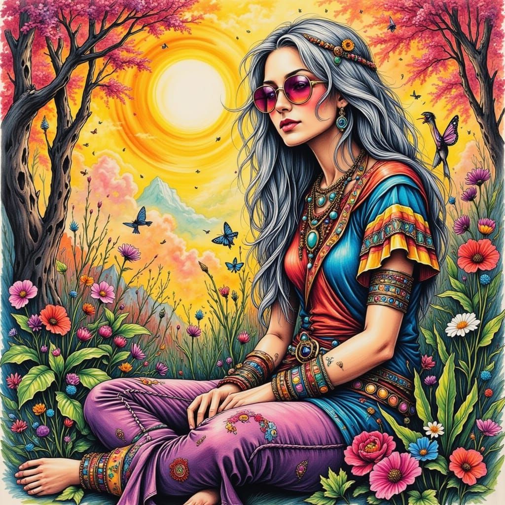 Stylish Hippie Relaxing in Nature, Retro Bohemian Art