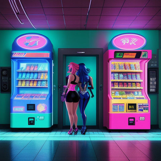 Digimon in Vibrant Swimsuits Pose in Front of Neon-Lit Mall