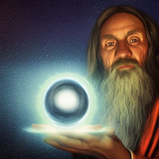 Wizard with Energy Orb in Starry Night, Digital Art