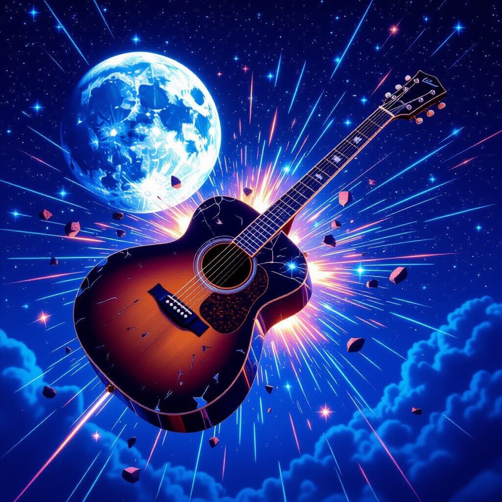 Guitar Smashes Moonlit Sky in Surreal Digital Art