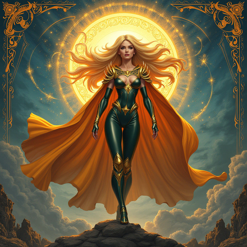 Cascade D'or: Golden Superheroine in Art Nouveau Style